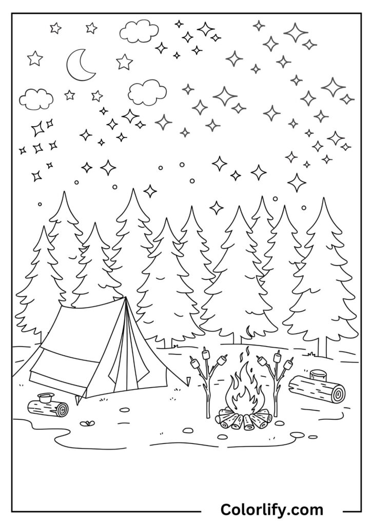 A coloring page of a camping scene with a bonfire surrounded by pine trees, tents, and a starry night sky.