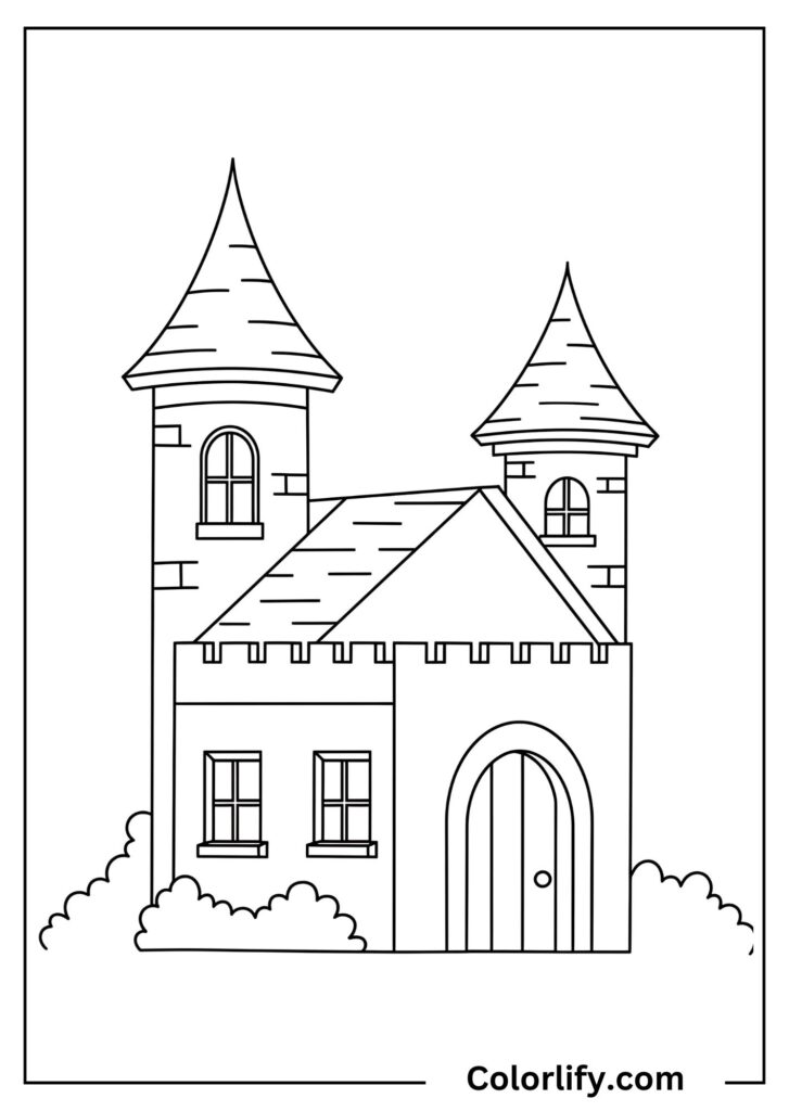 A coloring page of a majestic castle-like house with towering turrets and grand medieval architecture and details.