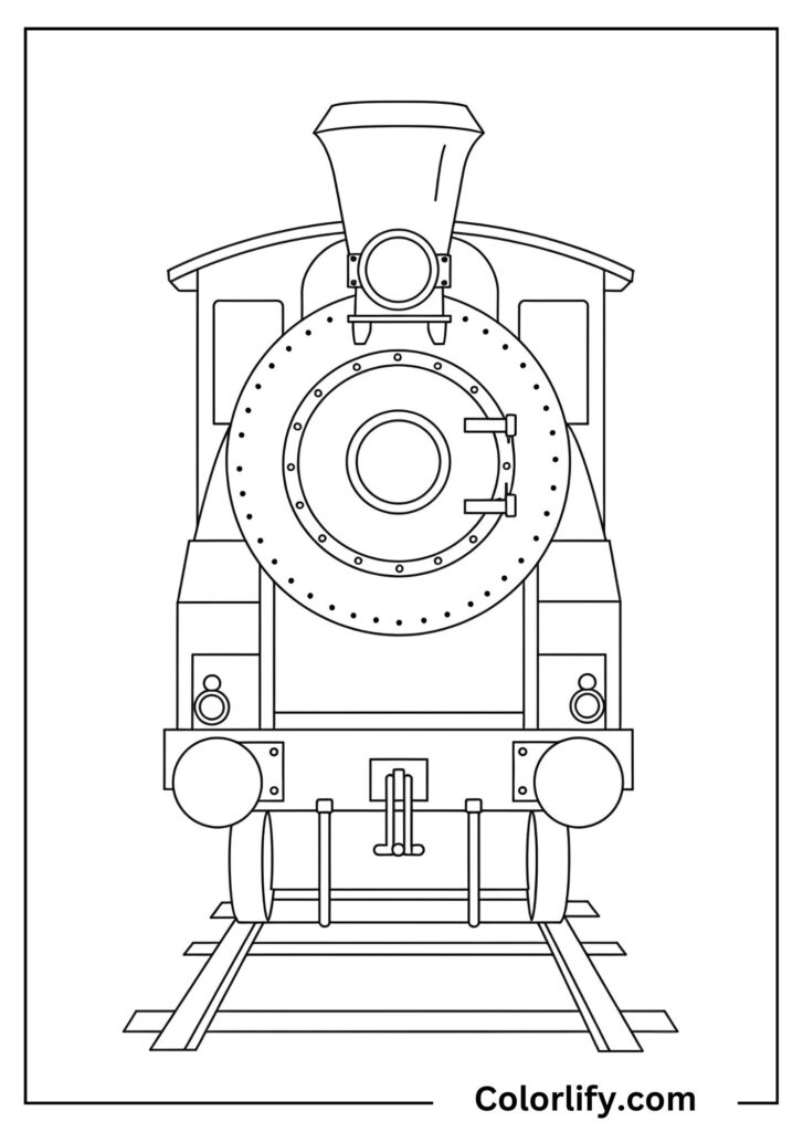 A coloring page of a classic steam train shown from the front with circular design elements.