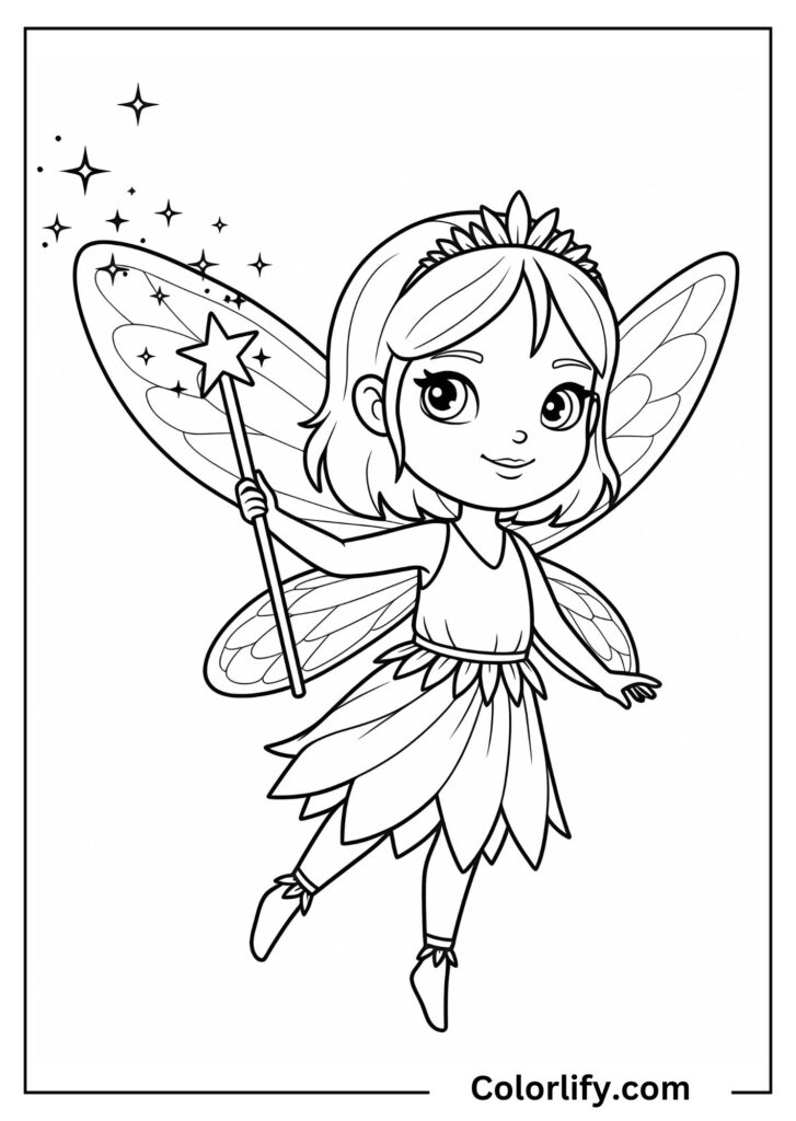 A coloring page of a fairy holding a magic wand with a star on top surrounded by sparkles.