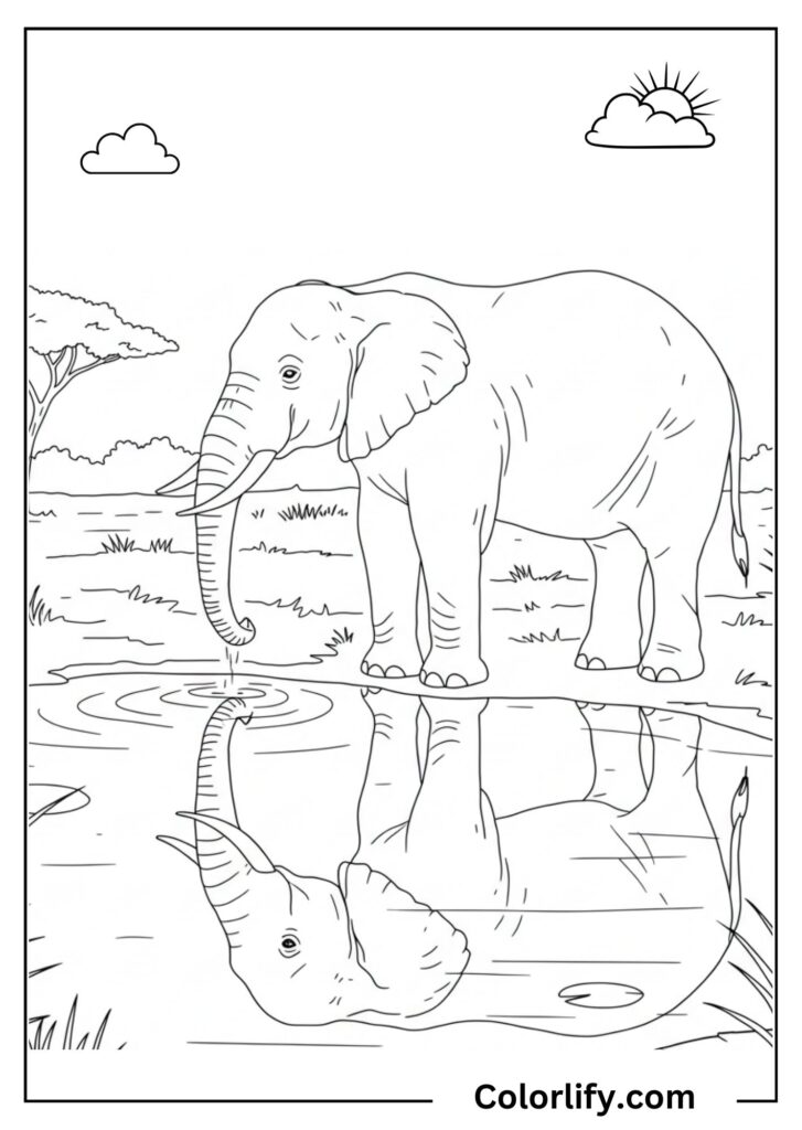 A coloring page of an elephant standing at a waterhole with grass and water reflections around it.
