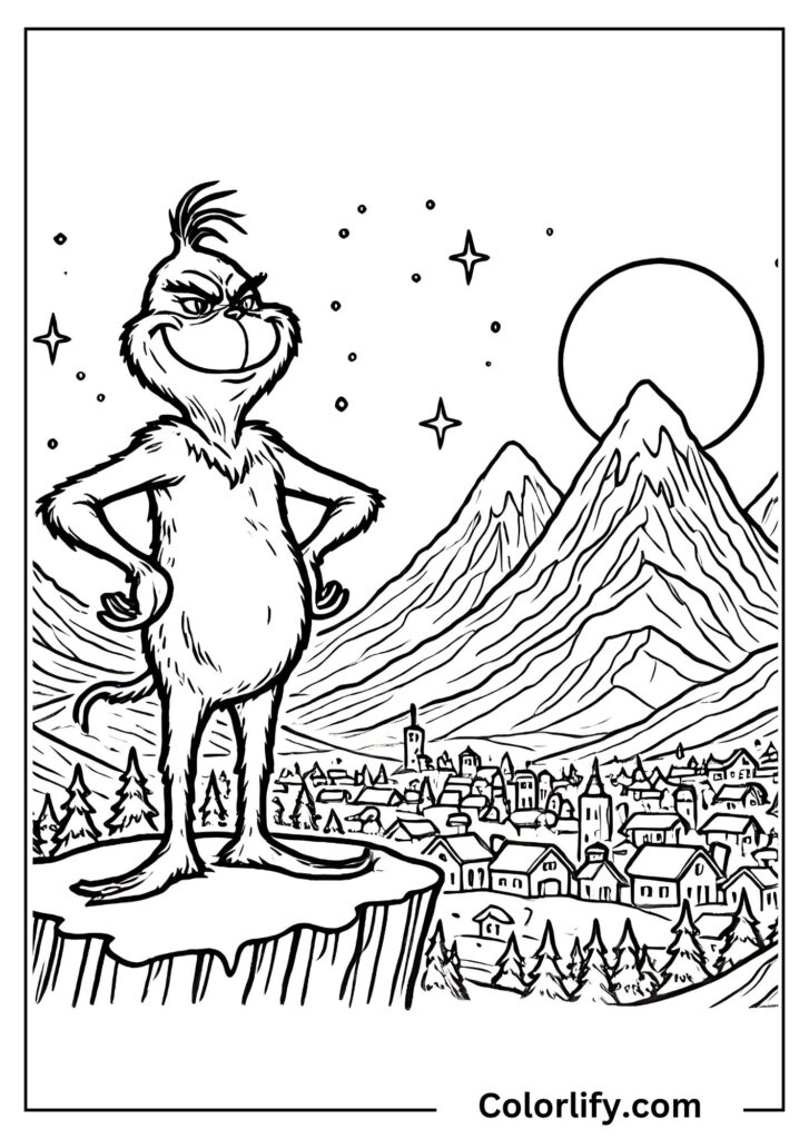 A coloring page of the Grinch standing at the top of Mount Crumpit with the moon behind him.