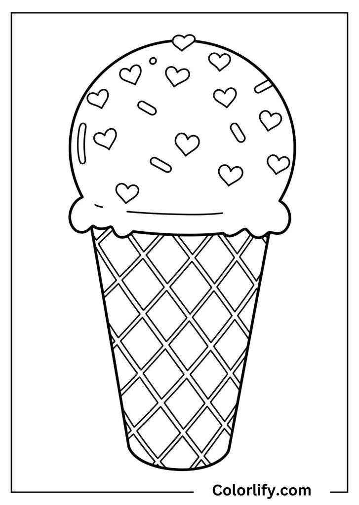 A coloring page of an ice cream cone decorated with heart-shaped toppings and sprinkles.