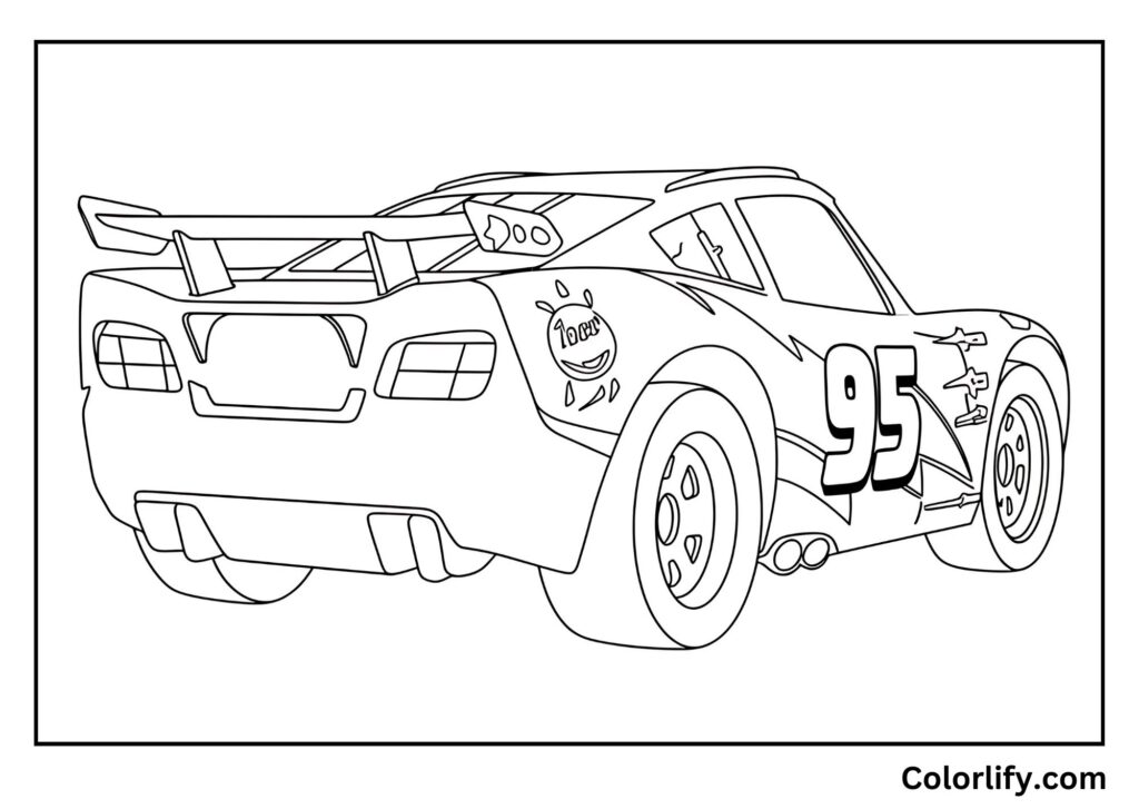A coloring page of Lightning McQueen from behind showing his rear spoiler and aerodynamic racing details.