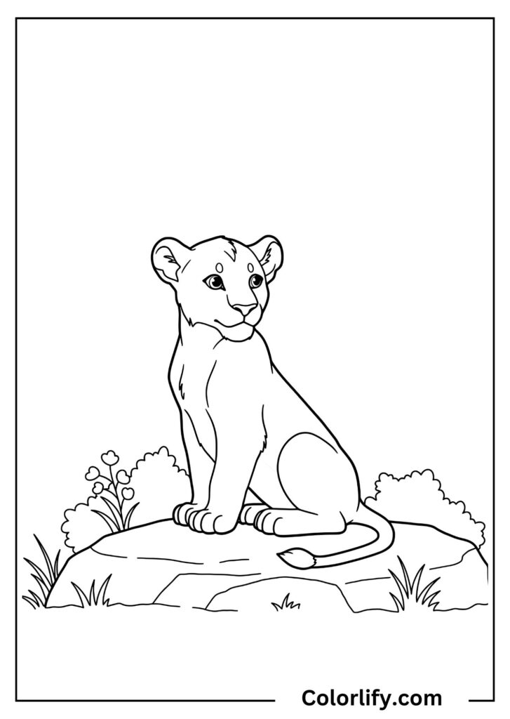 A coloring page of a confident lion cub sitting proudly on a rocky outcrop, displaying natural majesty and future leadership.