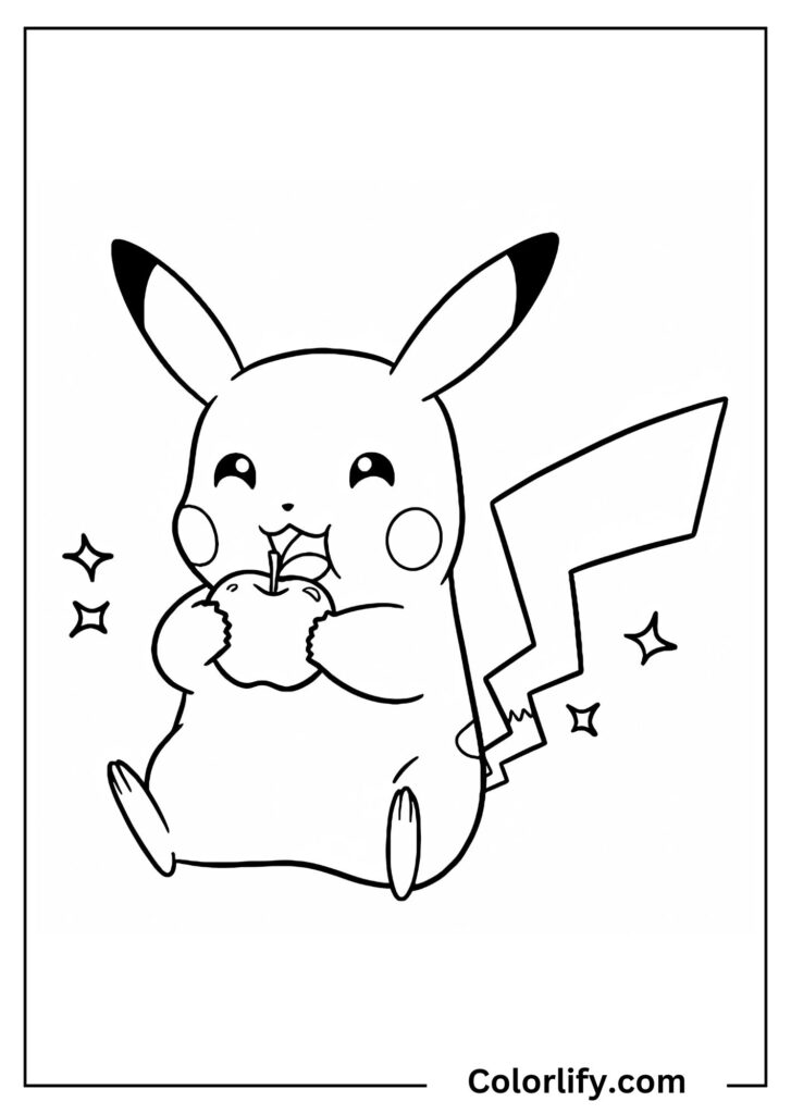 A coloring page of Pikachu eating an apple with a content expression.