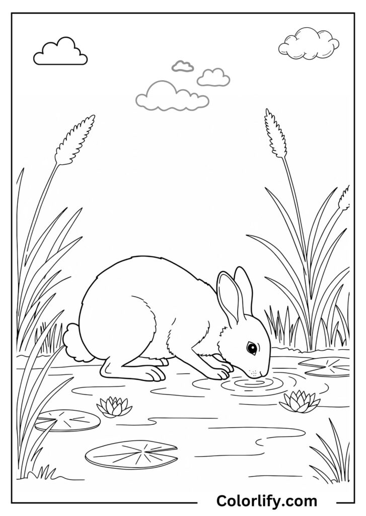 A coloring page of a rabbit bending down to drink water from a peaceful pond surrounded by tall grass and clouds.