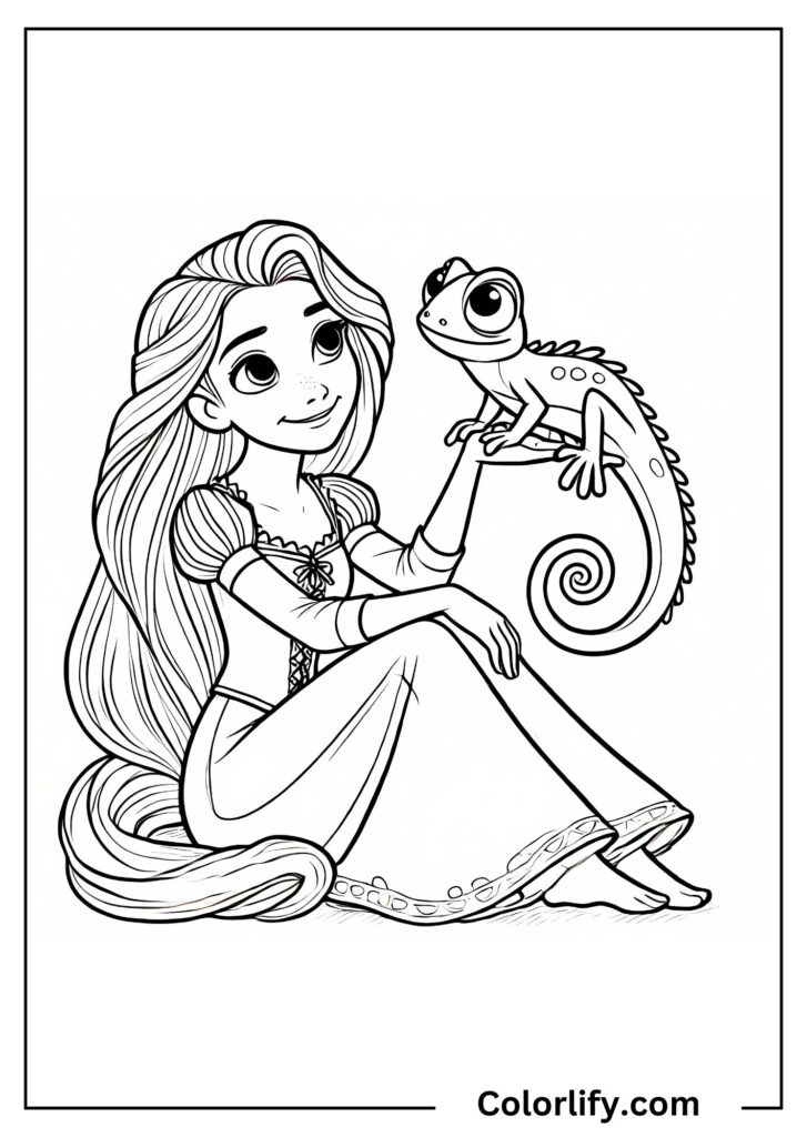 A coloring page of Rapunzel sitting peacefully with Pascal the chameleon, showing the tender friendship between the princess and her loyal companion.
