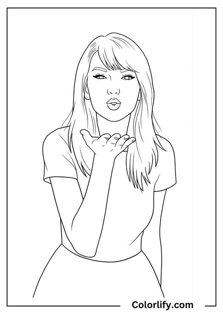 A coloring page of Taylor Swift blowing a kiss toward the viewer with a playful and affectionate expression on her face.
