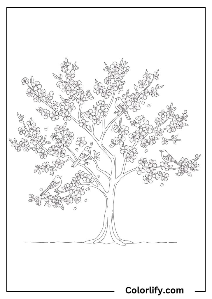 A coloring page of a cherry blossom tree in full bloom with intricate petals and branches.