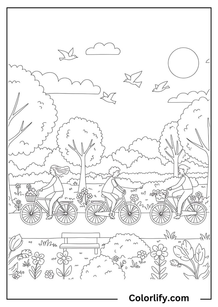 A coloring page of people cycling through a beautiful summer park with blooming flowers, trees, and winding pathways.