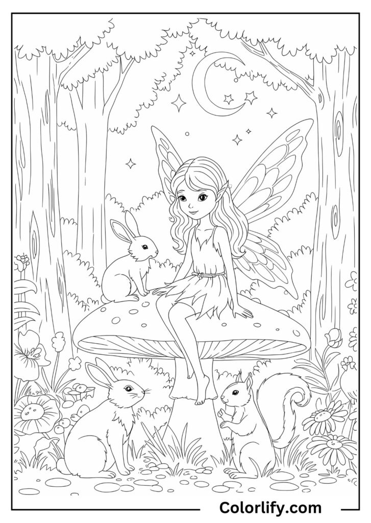 A coloring page of a fairy in a woodland scene with various forest animals and creatures.
