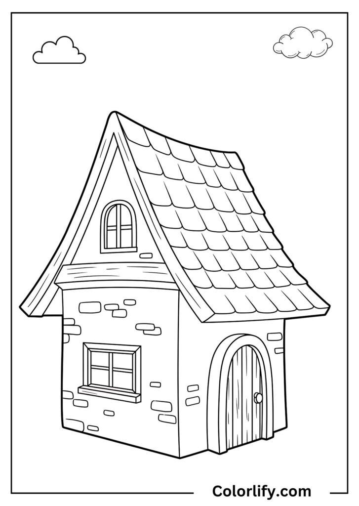 A coloring page of an enchanting storybook cottage with a whimsically curved roof and charming fairy tale details.