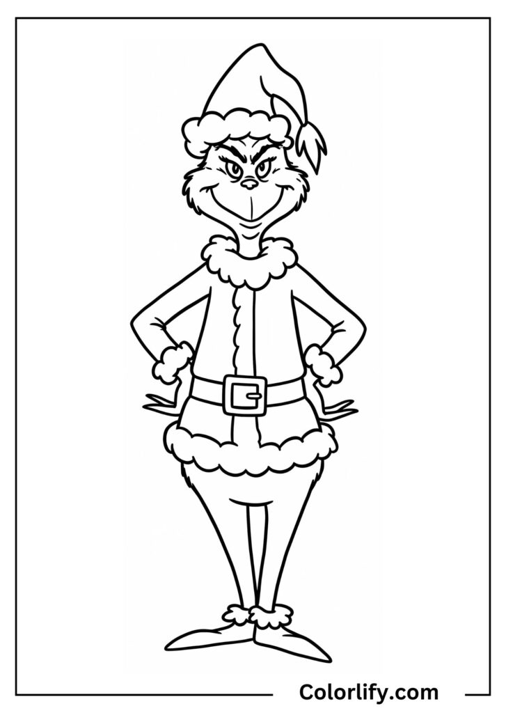 A coloring page of the Grinch dressed in a Santa suit with hat and belt.