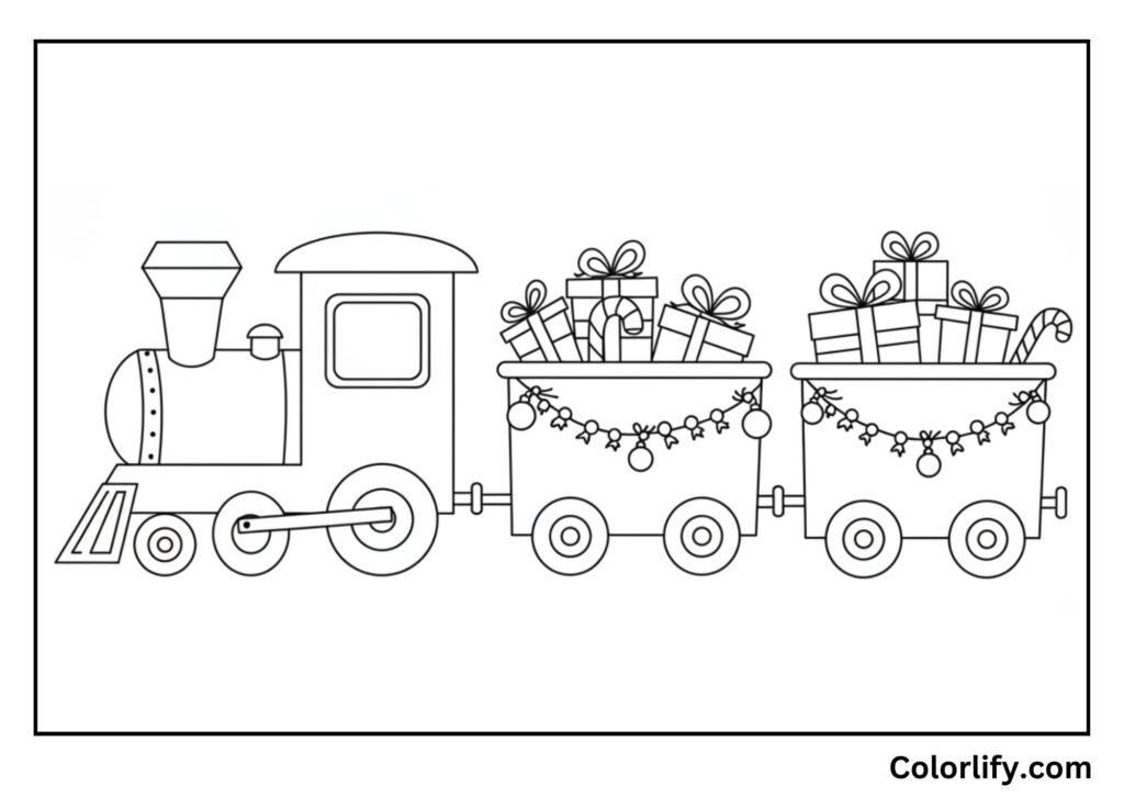 A coloring page of a holiday train decorated with Christmas presents and festive elements.