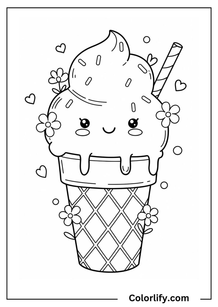 A coloring page of a smiling ice cream cone surrounded by beautiful flowers.