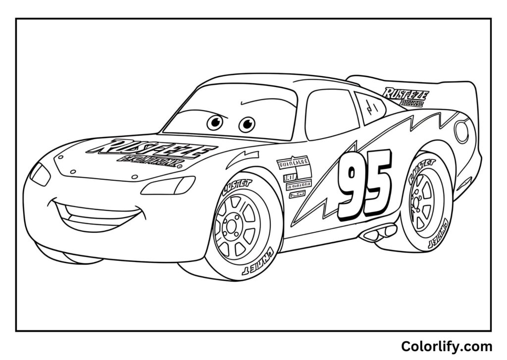 A coloring page of Lightning McQueen displaying his original Rust-eze racing sponsorship logo and number 95.