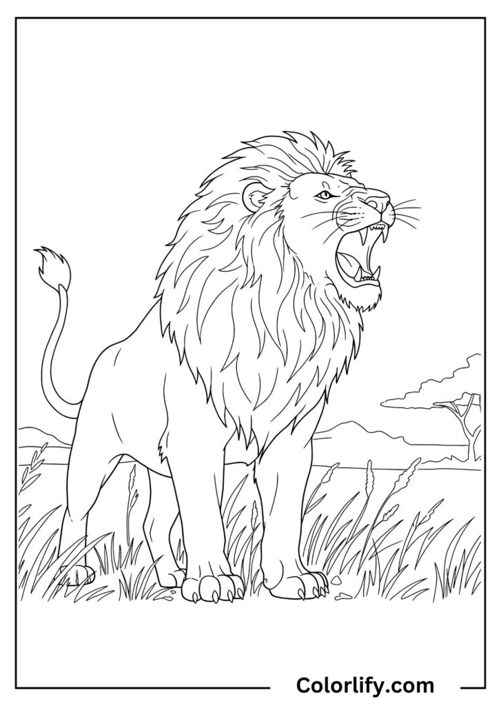 A coloring page of a magnificent adult lion roaring powerfully in its natural wild habitat, demonstrating raw strength and commanding presence.