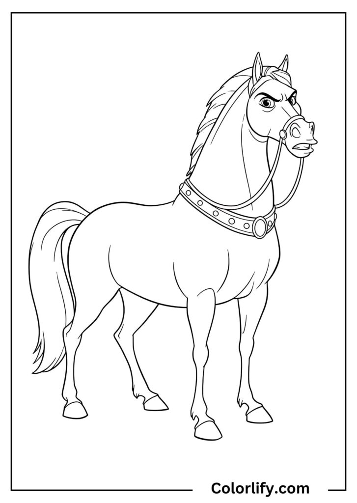 A coloring page of Maximus the horse standing proudly in a strong, determined pose, representing his fierce loyalty and sense of duty.