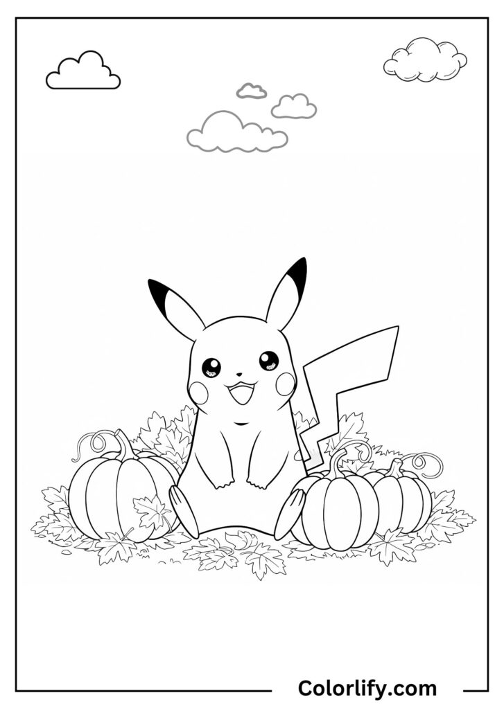 A coloring page of Pikachu sitting among pumpkins in a patch under cloudy skies.