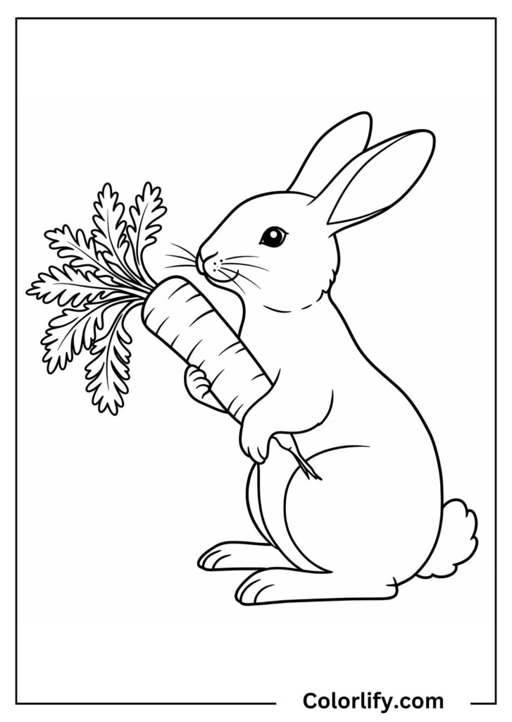 A coloring page of a happy bunny eating a fresh carrot while sitting in a natural outdoor setting.