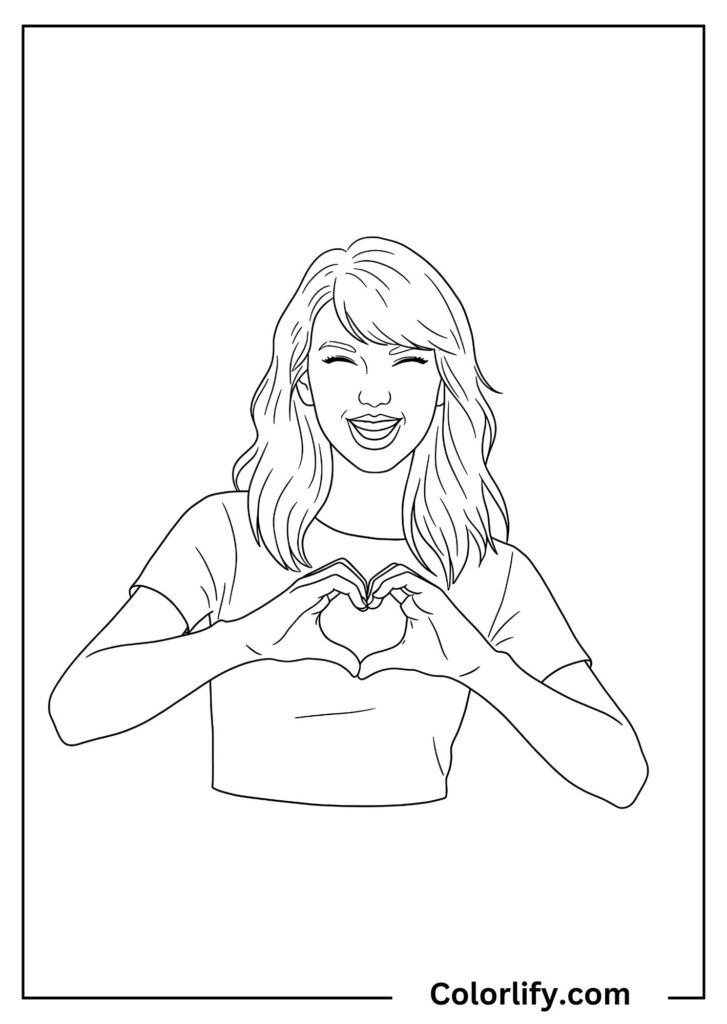 A coloring page of Taylor Swift forming a heart shape with her hands, expressing love and connection with her fans.