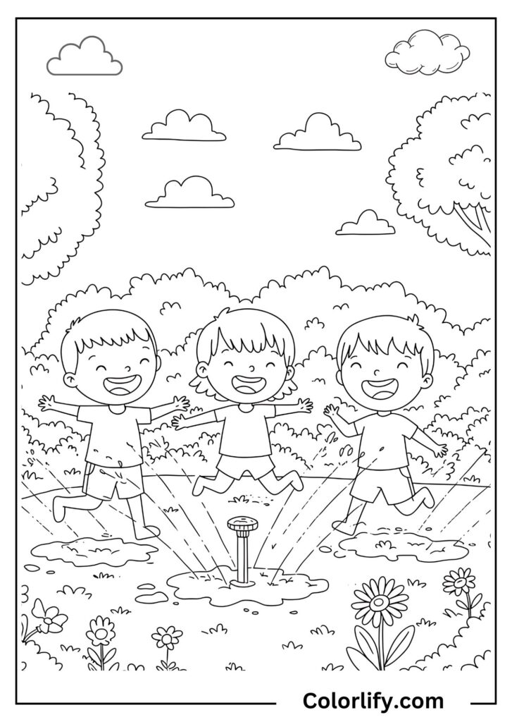 A coloring page of happy children playing and running through garden sprinklers, creating splashes and enjoying water play.