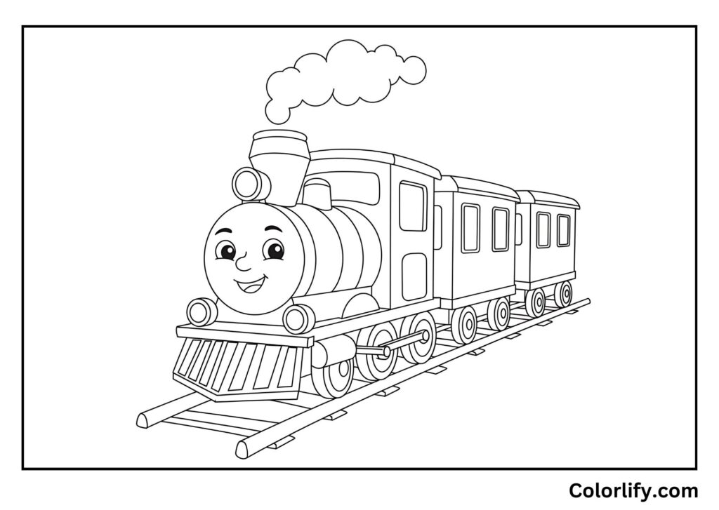 A coloring page of a cute miniature train with an adorable smiling face.