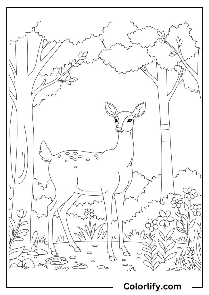 A coloring page of a deer standing peacefully among trees in a spring forest setting.