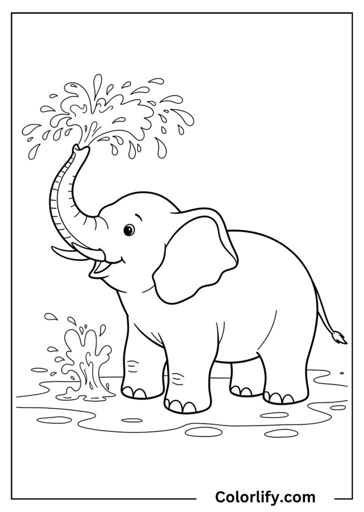 A coloring page of an elephant playing in water and spraying water droplets with its trunk.