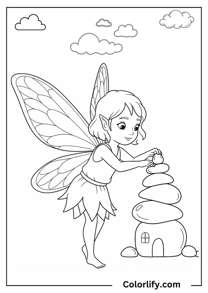 A coloring page of a fairy building or constructing a tiny house with detailed architecture.