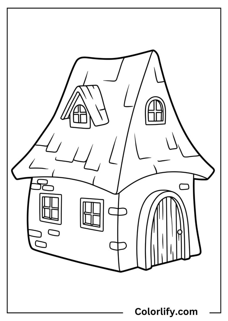 A coloring page of another delightful fairy tale cottage featuring unique curved rooflines and storybook architectural charm.