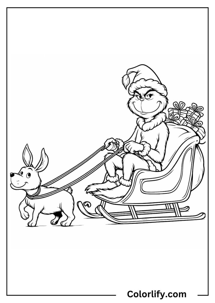 A coloring page of the Grinch riding in a sleigh being pulled by Max through snow.