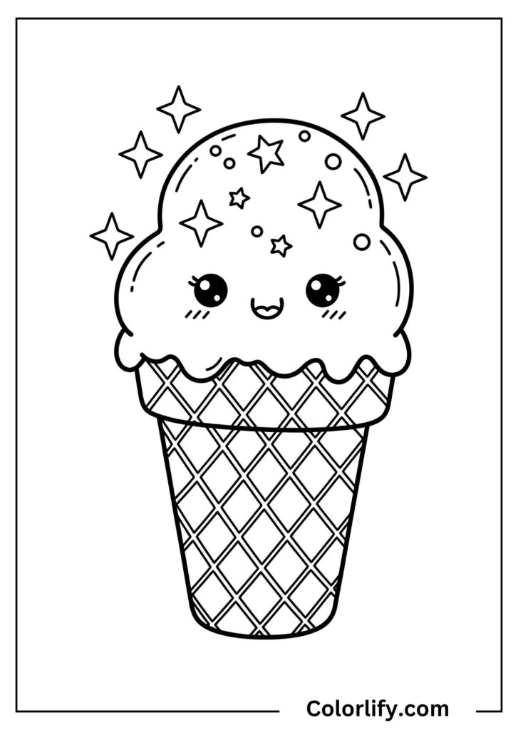 A coloring page of an ice cream cone adorned with twinkling stars and sparkles.