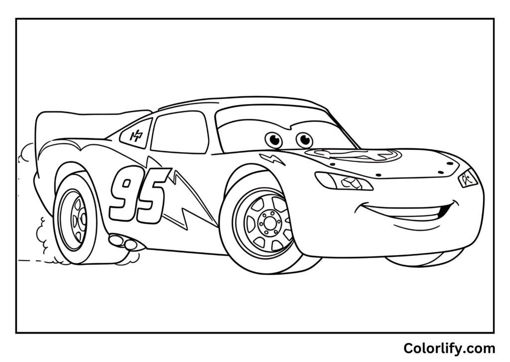 A coloring page of Lightning McQueen performing a drifting maneuver with detailed tire and racing action.