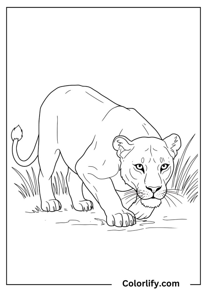 A coloring page of a focused lioness stalking through tall grass, showcasing the hunting prowess and graceful athleticism of female lions.