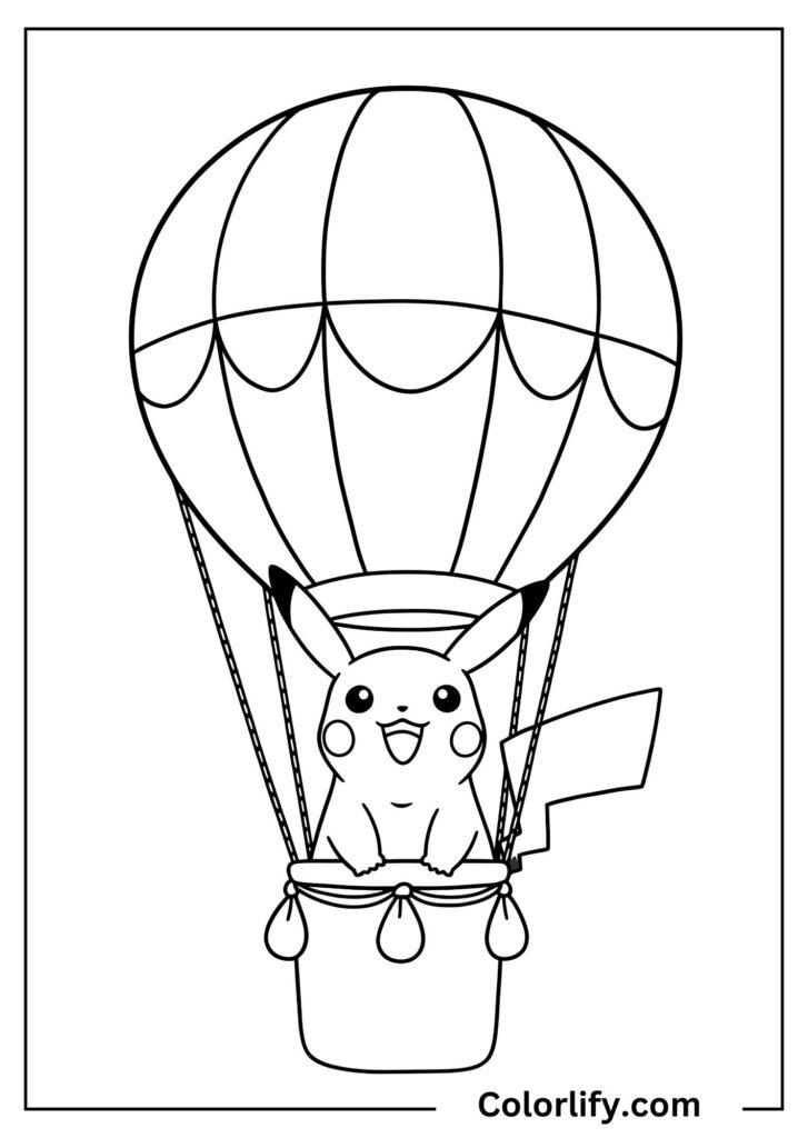 A coloring page of Pikachu riding in a hot air balloon basket high in the sky.