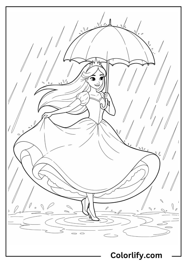 A coloring page of a joyful princess dancing in the rain while holding an umbrella with raindrops falling around her.