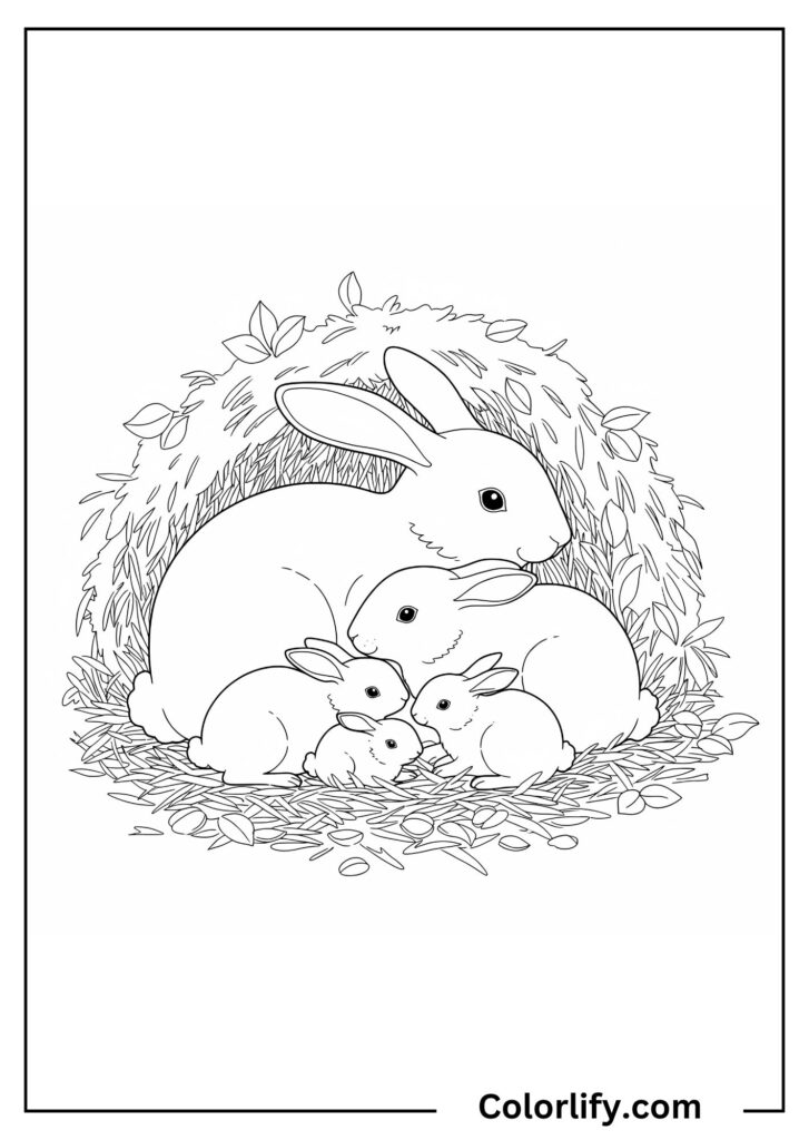 A coloring page of a cozy rabbit family snuggling together in their underground burrow den with comfortable home details.