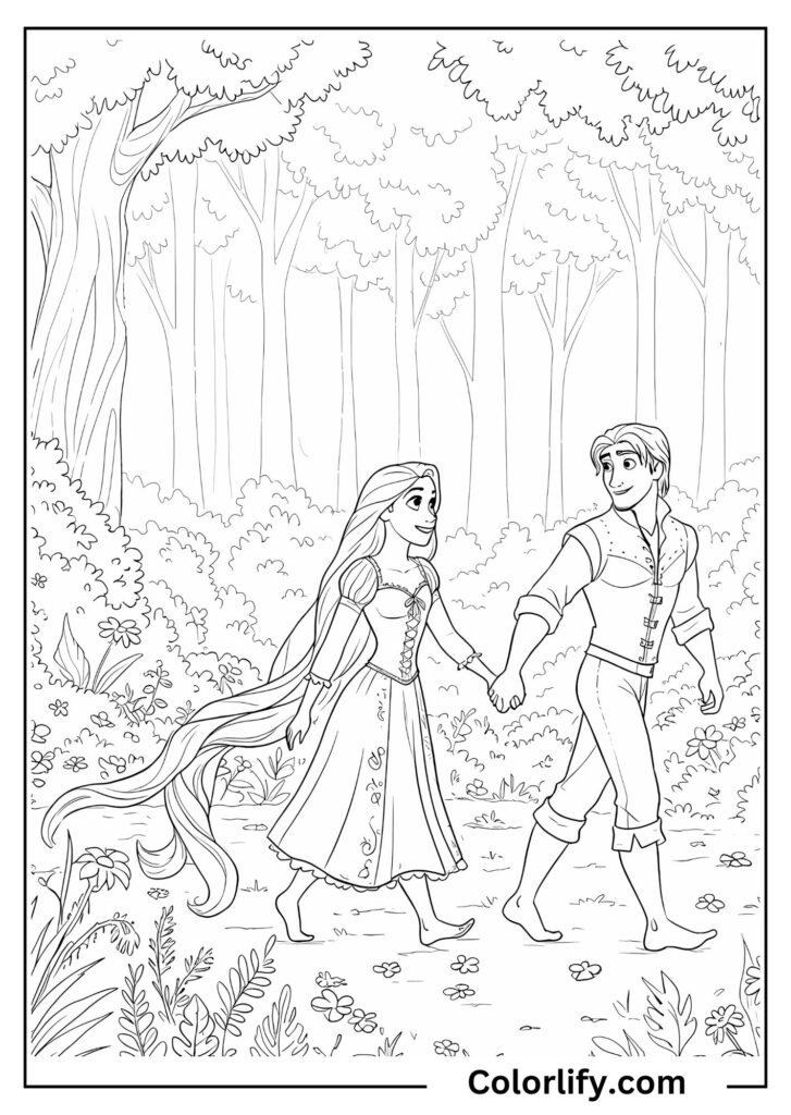 A coloring page of Rapunzel and Flynn walking together through a detailed forest with trees and foliage surrounding the romantic pair.