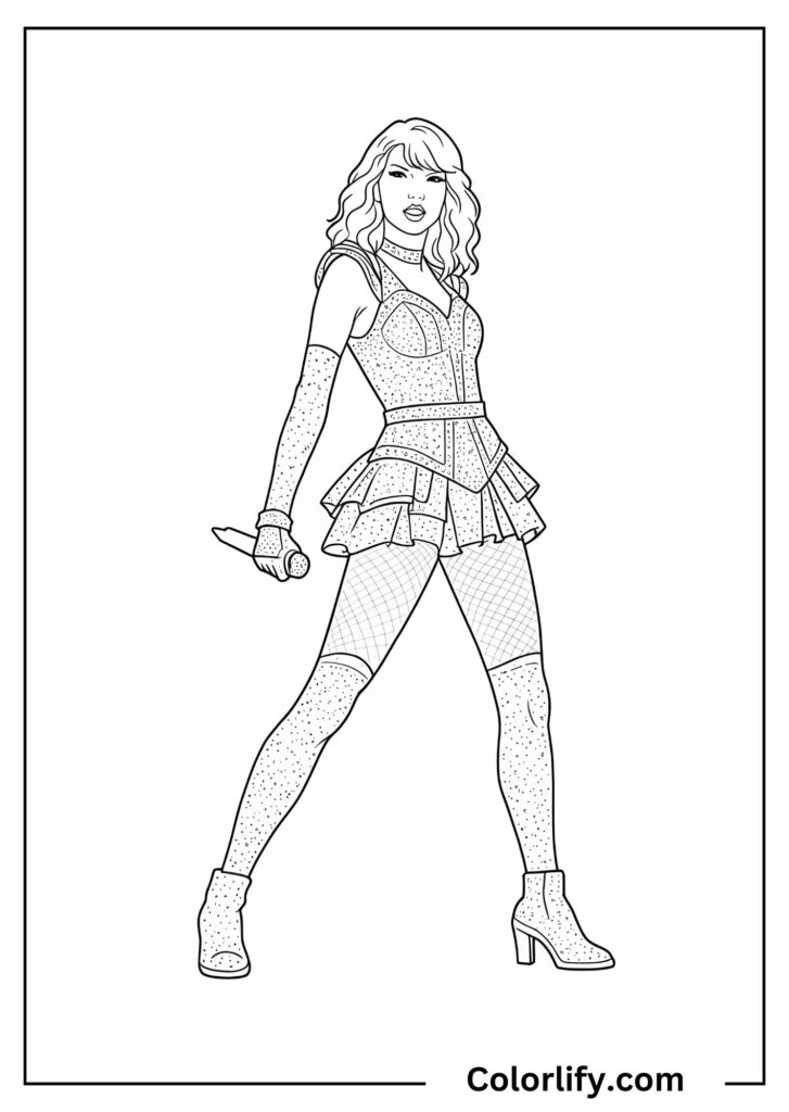 A coloring page of Taylor Swift wearing a stylish concert outfit, posed confidently as if ready to perform on stage.