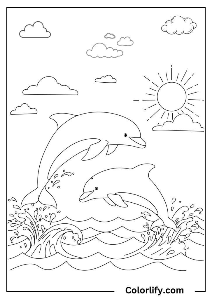 A coloring page of dolphins jumping gracefully out of ocean waters under bright sunshine with waves and marine scenery.