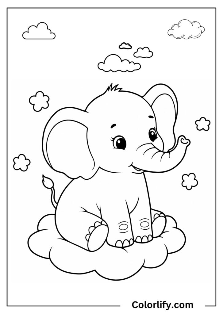 A coloring page of a baby elephant sitting on a fluffy cloud surrounded by floating bubbles.