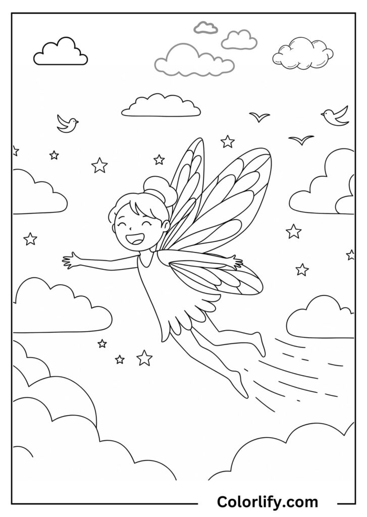 A coloring page of a fairy flying through puffy clouds in a bright sky.