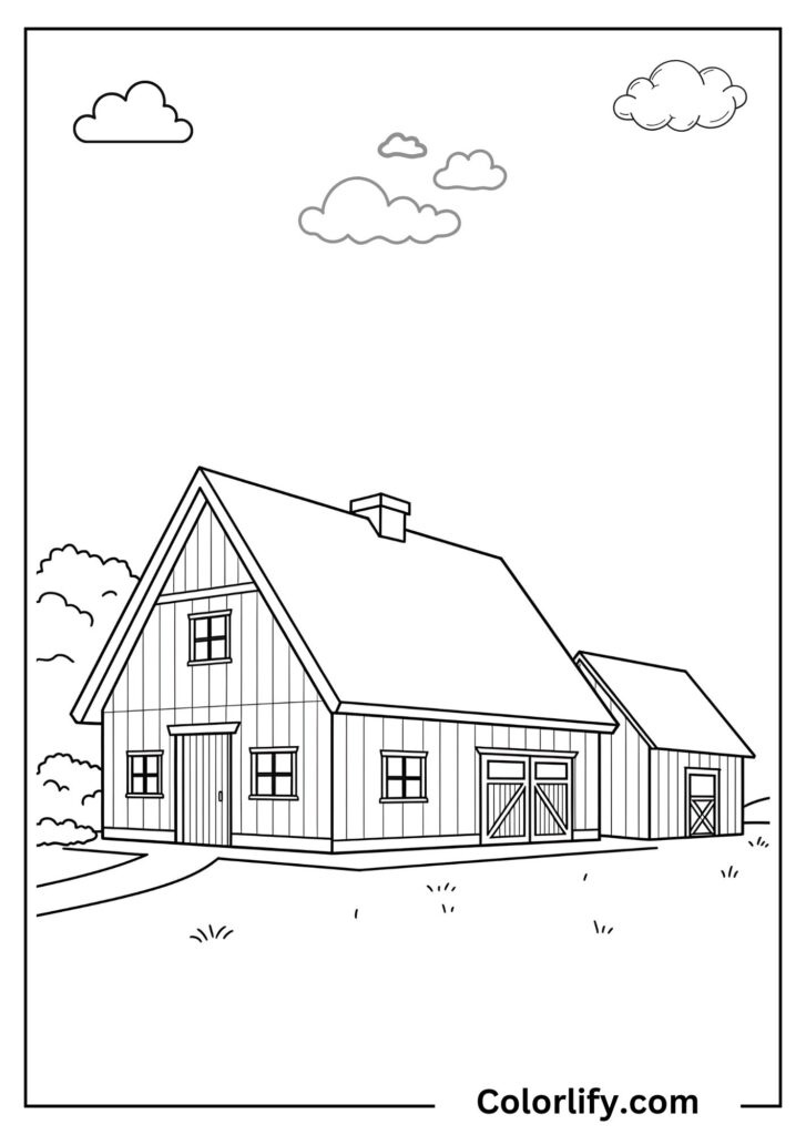 A coloring page of a rustic farmhouse sitting alongside a traditional barn under open skies in a countryside setting.