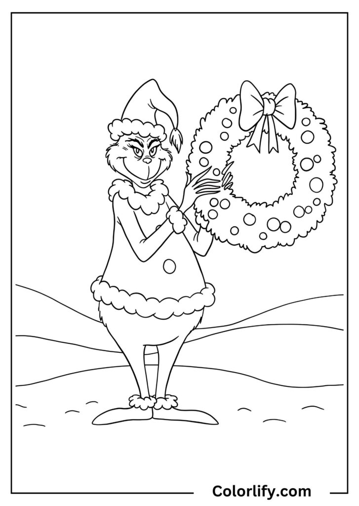 A coloring page of the Grinch holding a Christmas wreath with a happy expression.