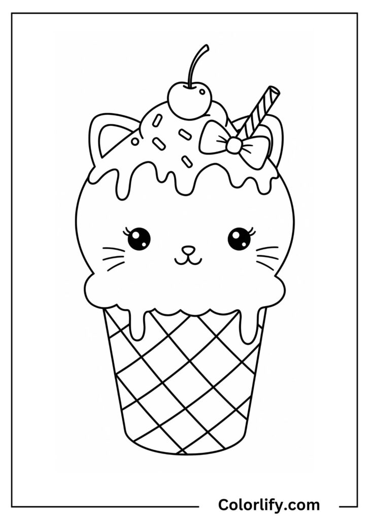 A coloring page of an ice cream cone with cute whiskers and a decorative bow.