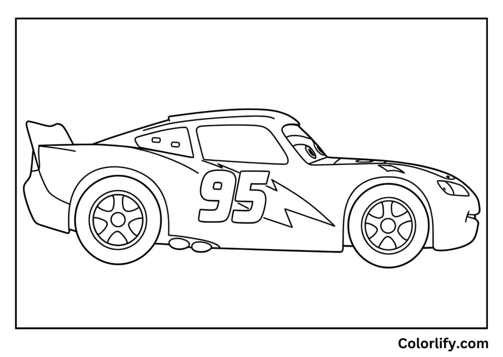 A coloring page of Lightning McQueen in side view showcasing his complete racing car profile.