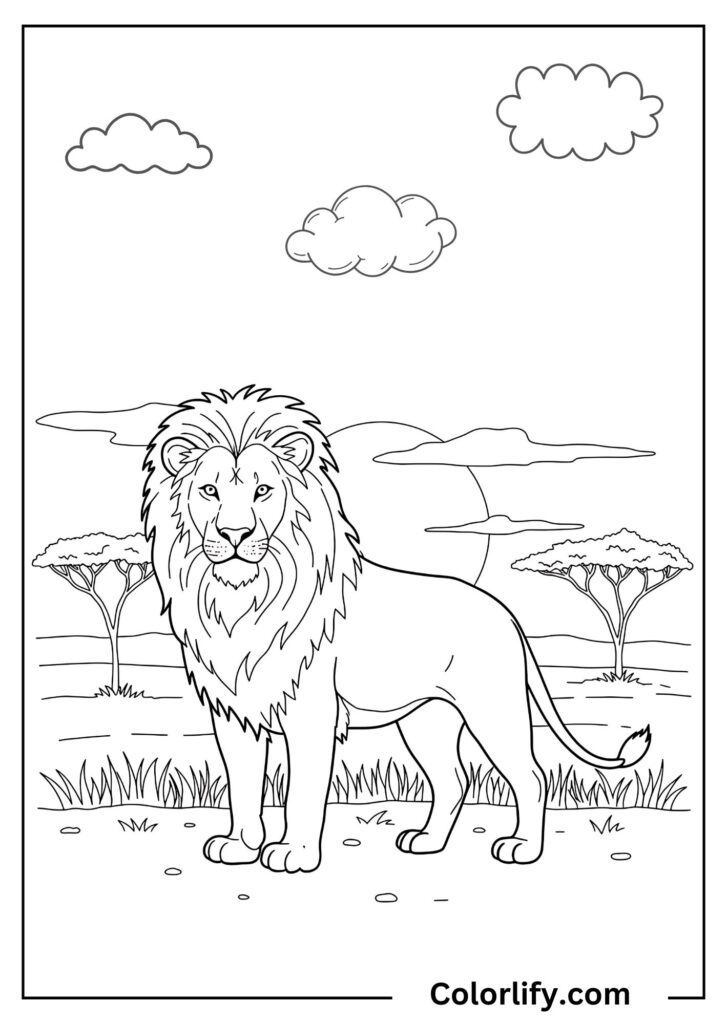 A coloring page of a majestic lion standing proudly in the African savanna with acacia trees and clouds in the background.