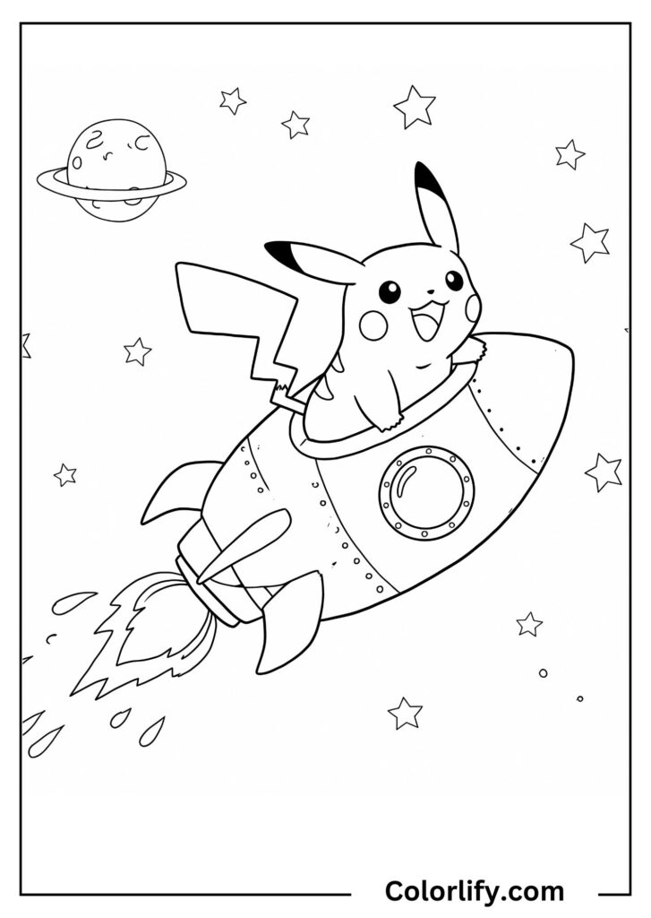 A coloring page of Pikachu inside a rocket ship surrounded by stars in space.